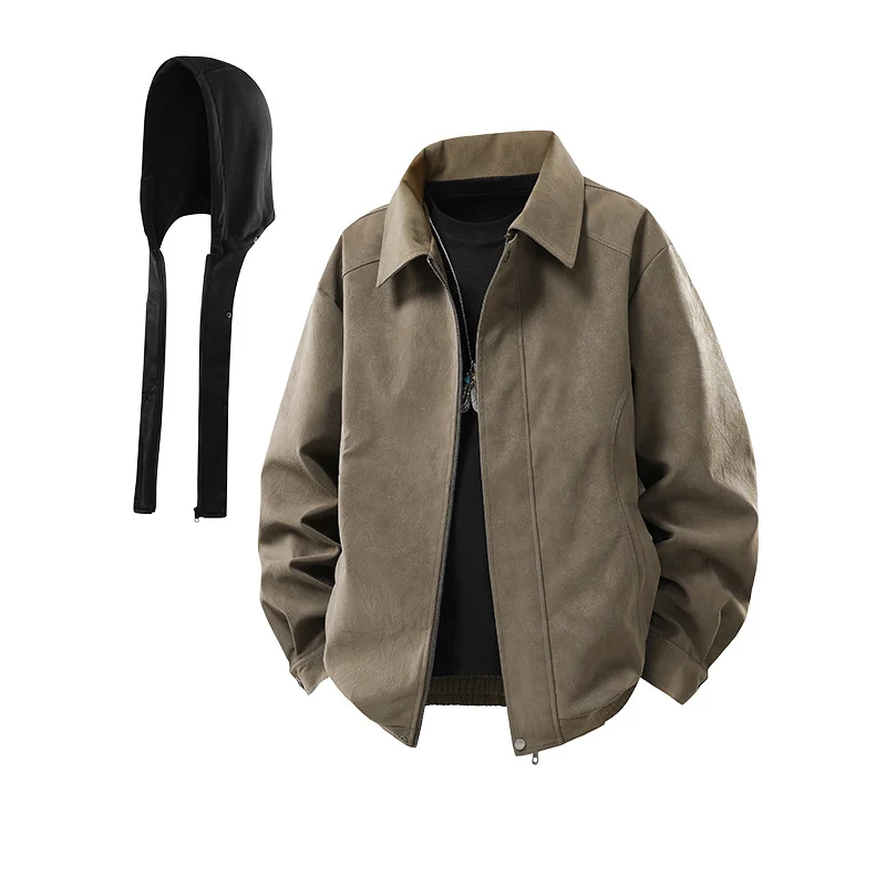 Herren Kunstleder-Blouson mit abnehmbarer Kapuze, verdecktem Reißverschluss und elastischem Saum Drune