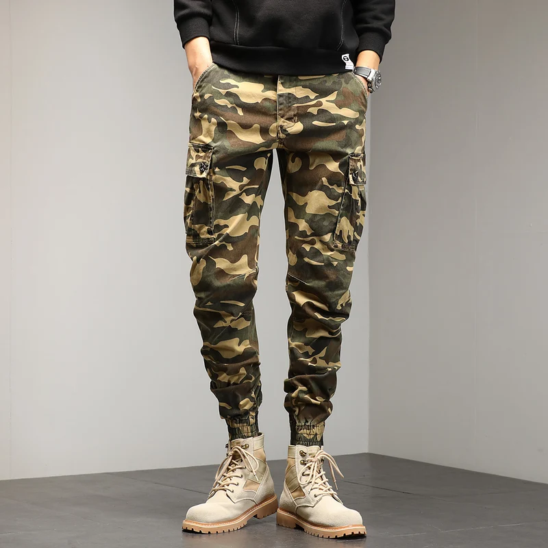 Herren Konisch geschnittene Utility-Cargohose im Camouflage-Joggerstil mit elastischem Bund und gerippten Bündchen Drune