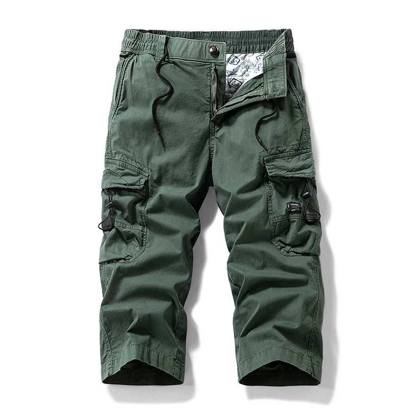 Herren Knielange Cargo-Shorts aus robustem Baumwoll‑Twill mit Elastikbund und Multifachtaschen Drune