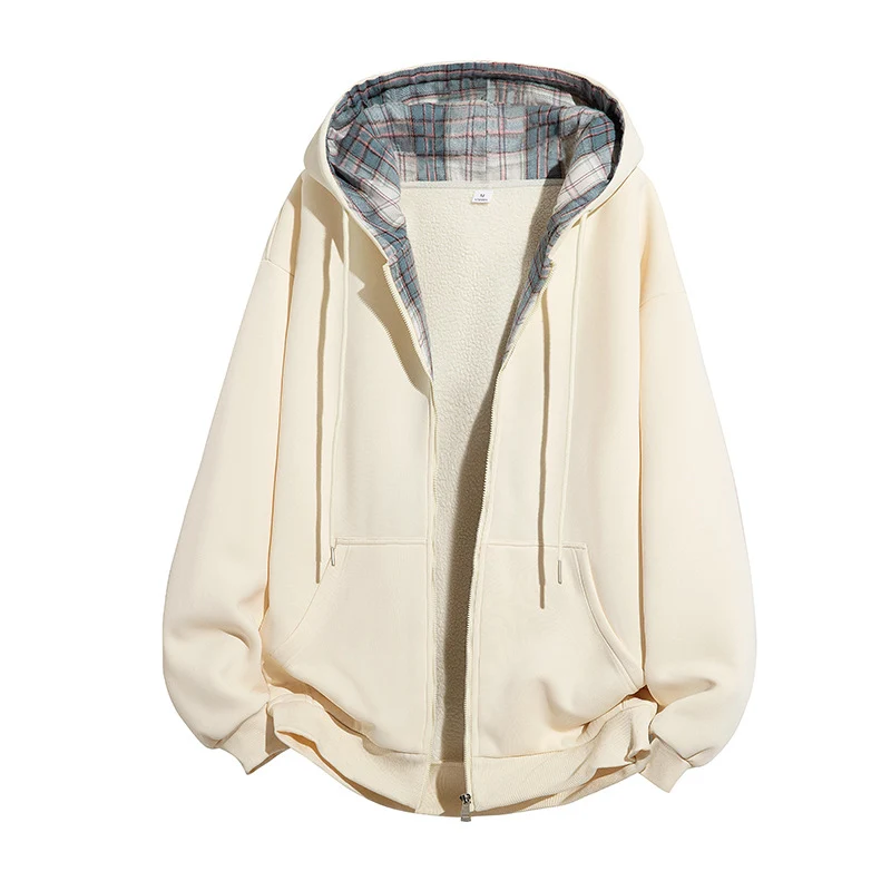 Herren Kapuzenjacke mit Teddy‑Fleece‑Futter und kariertem Kapuzeninnenfutter, durchgehendem Reißverschluss Drune