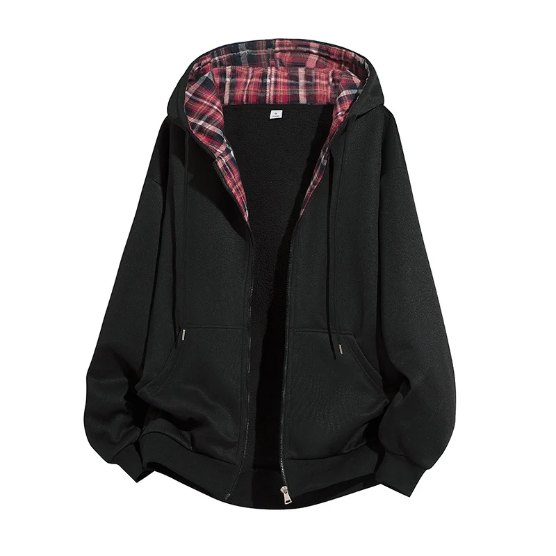Herren Kapuzenjacke mit Teddy‑Fleece‑Futter und kariertem Kapuzeninnenfutter, durchgehendem Reißverschluss Drune