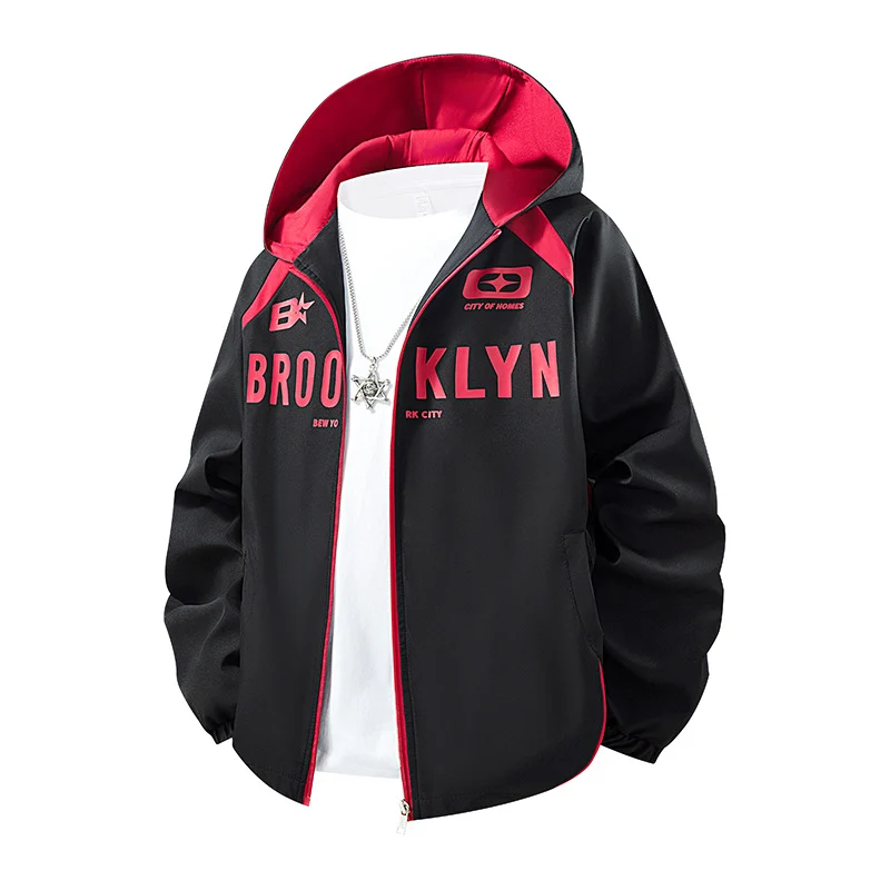Herren Kapuzenjacke im urbanen Sportstyle mit Brooklyn-Print, Reißverschluss und Kontrastnähten Drune