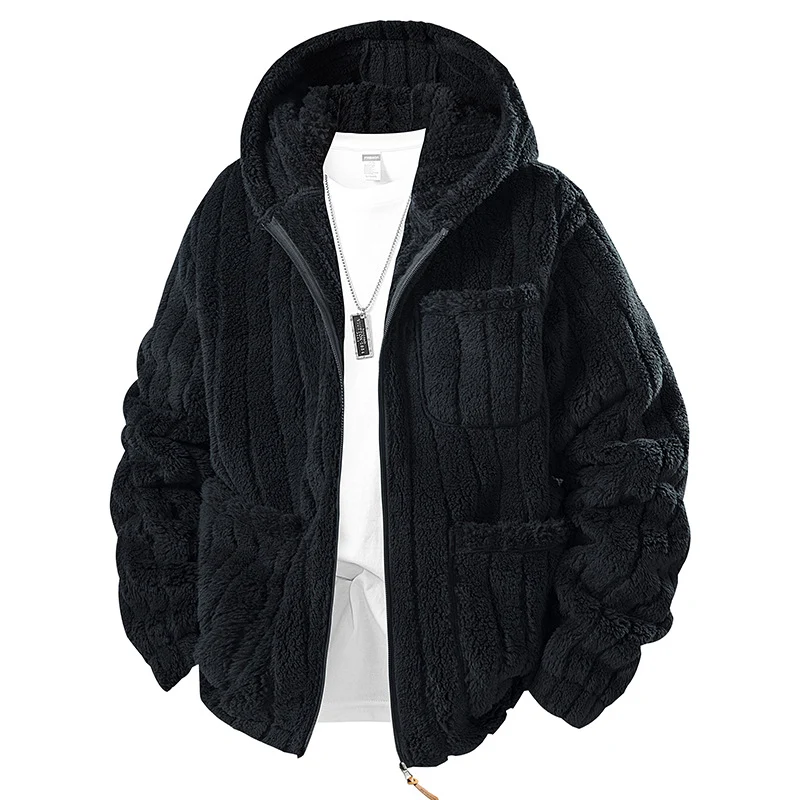 Herren Kapuzen-Fleecejacke aus Teddyfleece mit durchgehendem Reißverschluss und Mehrfachtaschen Drune