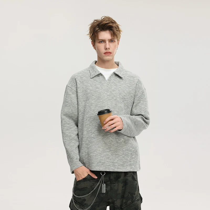 Herren Grobstrick-Kragenpullover mit V-Ausschnitt und Relaxed‑Fit Drune