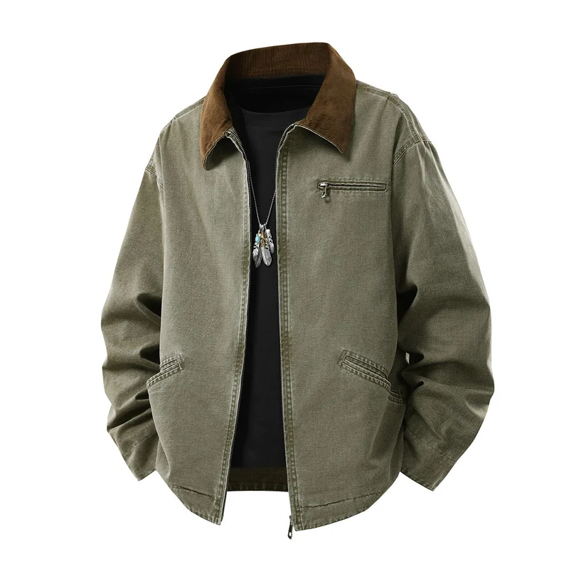 Herren gewaschene Baumwoll-Workerjacke mit Cordkragen und Reißverschluss Drune