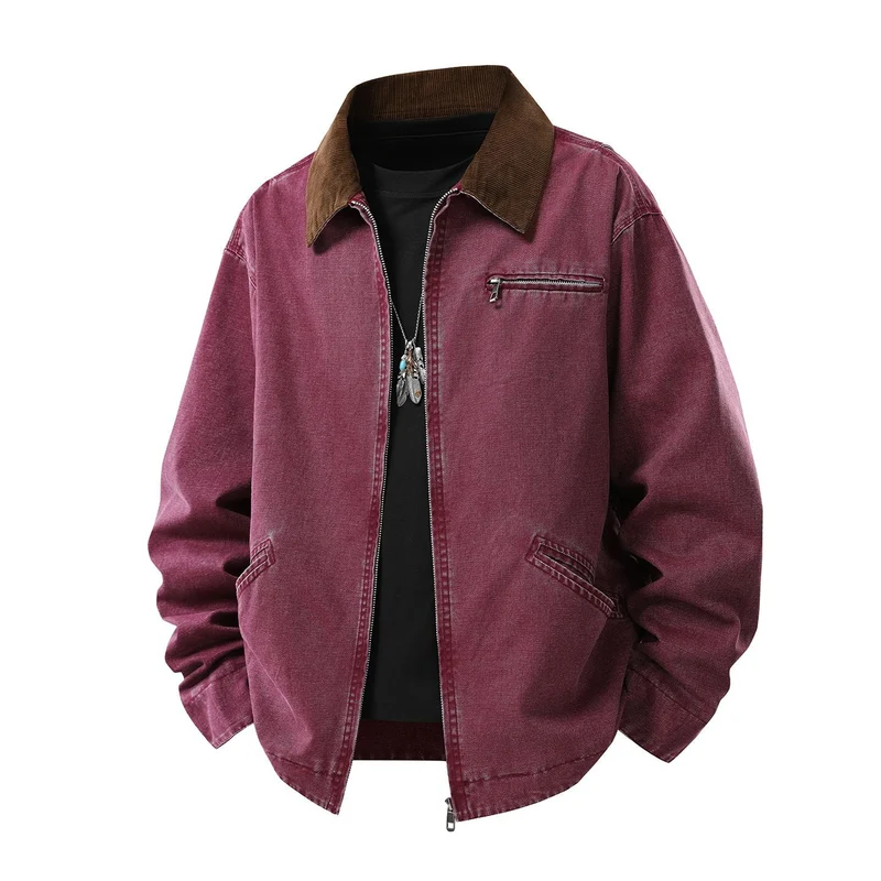 Herren gewaschene Baumwoll-Workerjacke mit Cordkragen und Reißverschluss Drune
