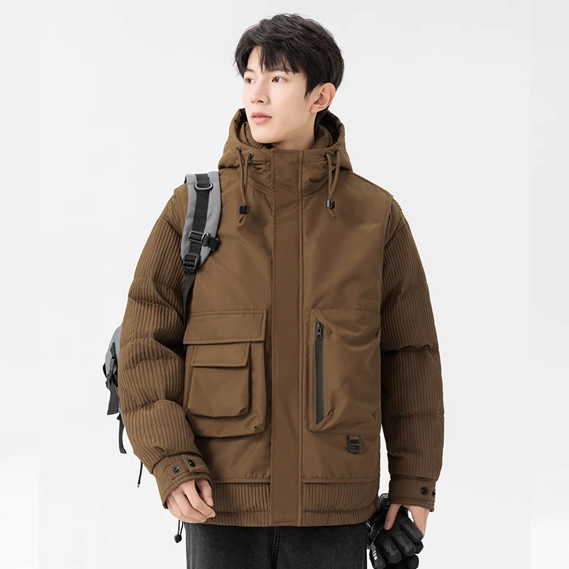 Herren Gepolsterte Winterjacke mit Kapuze, gesteppte Ärmel und Cargo-Taschen Drune