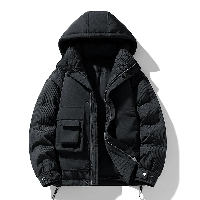 Herren Gepolsterte Winterjacke mit Kapuze, gesteppte Ärmel und Cargo-Taschen Drune