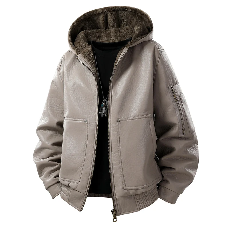 Herren gefütterte Lederoptik-Bomberjacke mit Kapuze und Teddyinnenfutter Drune