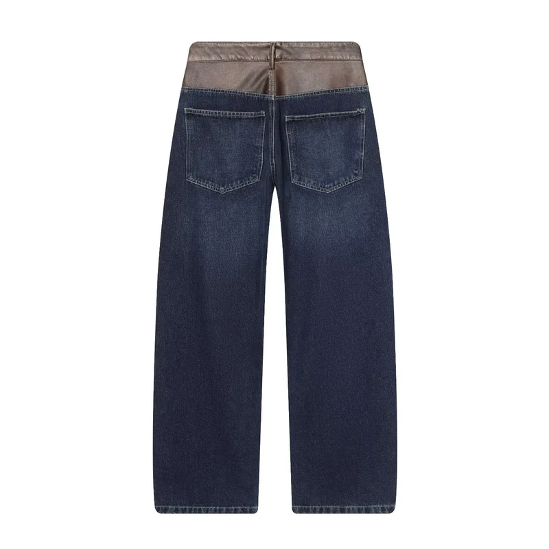 Damen hochgeschnittene Jeans mit weitem Bein und Lederbesatz am Bund Drune