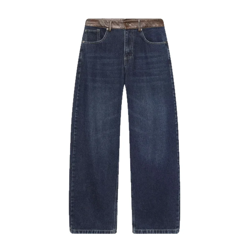 Damen hochgeschnittene Jeans mit weitem Bein und Lederbesatz am Bund Drune