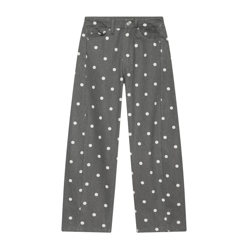 Damen Hochgeschnittene Culotte-Jeans mit weitem Bein, Polka-Dot-Print und aufgesetzten Gesäßtaschen Drune