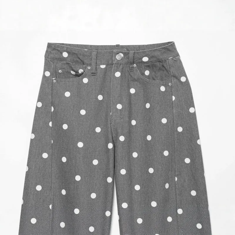 Damen Hochgeschnittene Culotte-Jeans mit weitem Bein, Polka-Dot-Print und aufgesetzten Gesäßtaschen Drune
