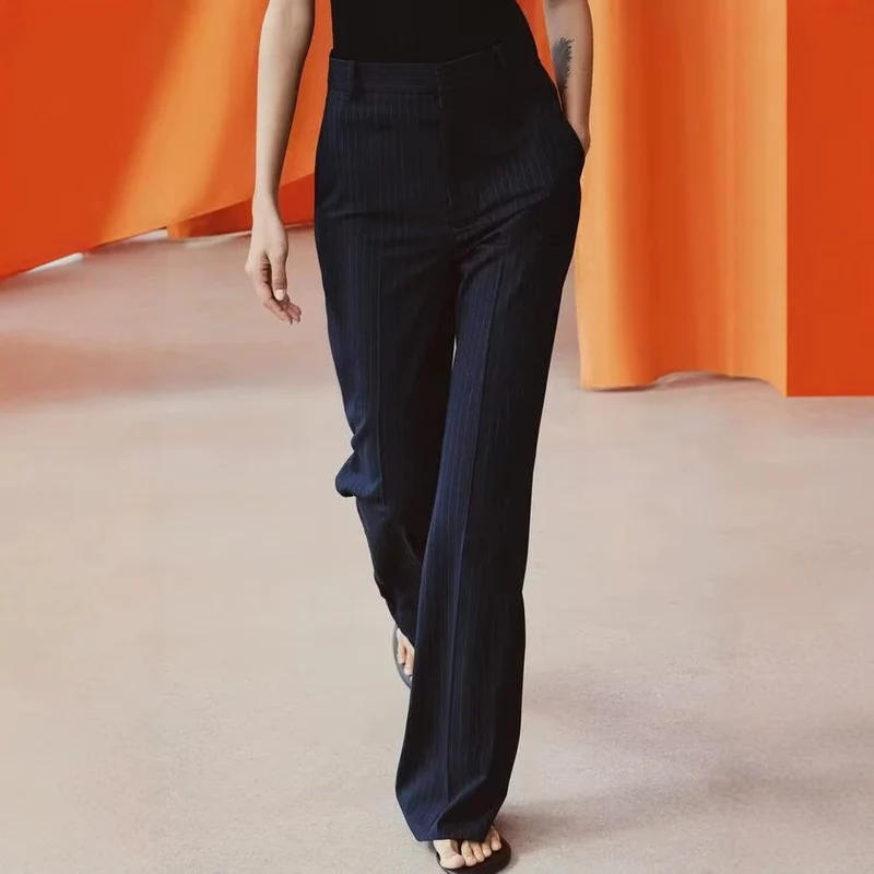 Damen Highwaist-Hose mit weitem Bein und Nadelstreifen Drune