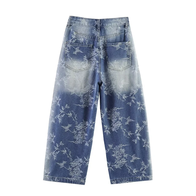 Damen Highwaist Culotte-Jeans mit weitem Bein und floraler Bleach-Optik Drune