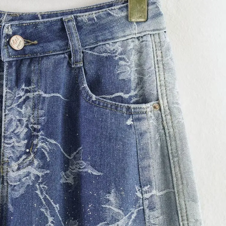 Damen Highwaist Culotte-Jeans mit weitem Bein und floraler Bleach-Optik Drune