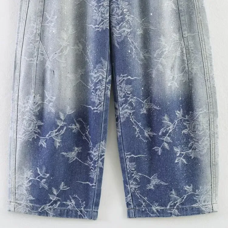 Damen Highwaist Culotte-Jeans mit weitem Bein und floraler Bleach-Optik Drune