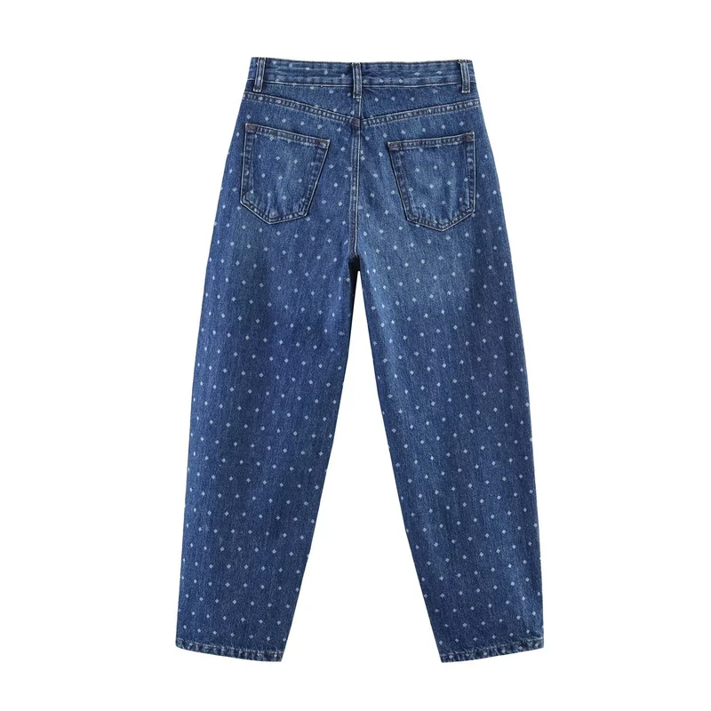 Damen High‑Waist Mom‑Jeans mit tapered Bein und dezentem Punkte‑Print Drune
