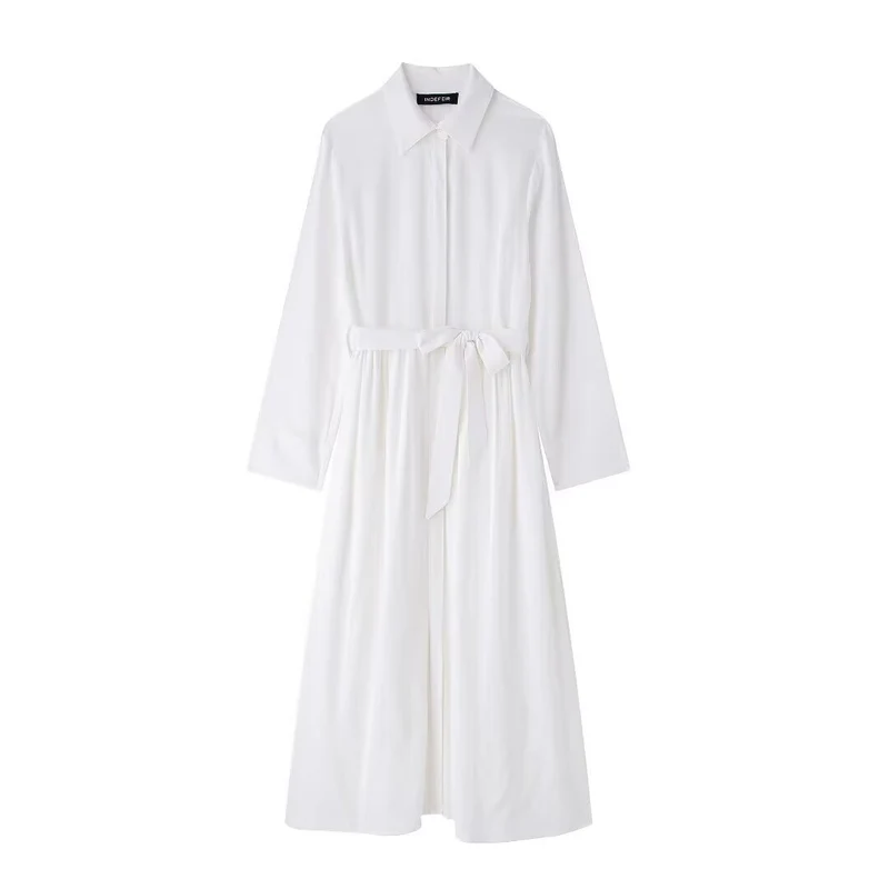Damen Hemdkleid mit Taillengürtel und fließender Maxirock-Silhouette Drune