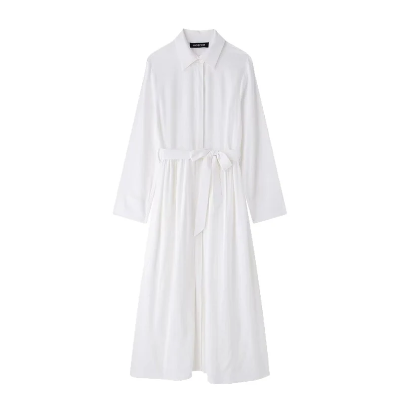 Damen Hemdkleid mit Taillengürtel und fließender Maxirock-Silhouette Drune