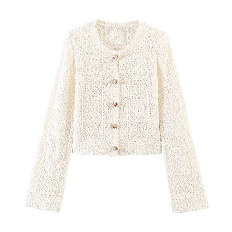 Damen Häkelstrick-Cardigan mit Rundhals, filigranem Lochmuster und Zierknöpfen Drune