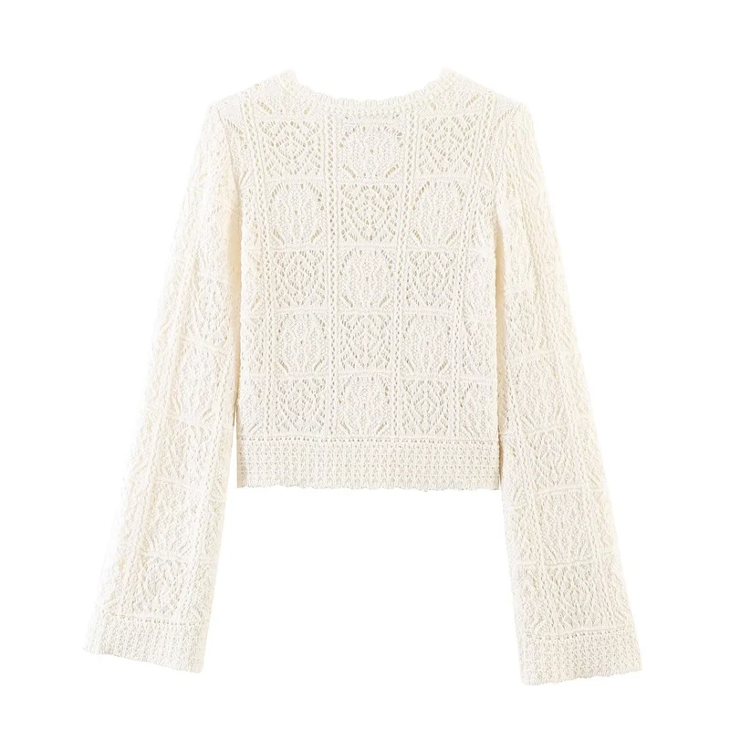 Damen Häkelstrick-Cardigan mit Rundhals, filigranem Lochmuster und Zierknöpfen Drune