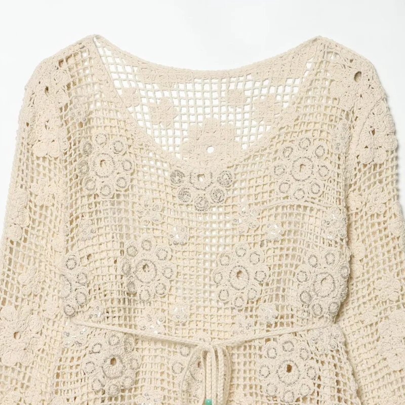 Damen Häkelbluse mit floralem Crochet‑Motiv, V‑Ausschnitt und Tunnelzug Drune