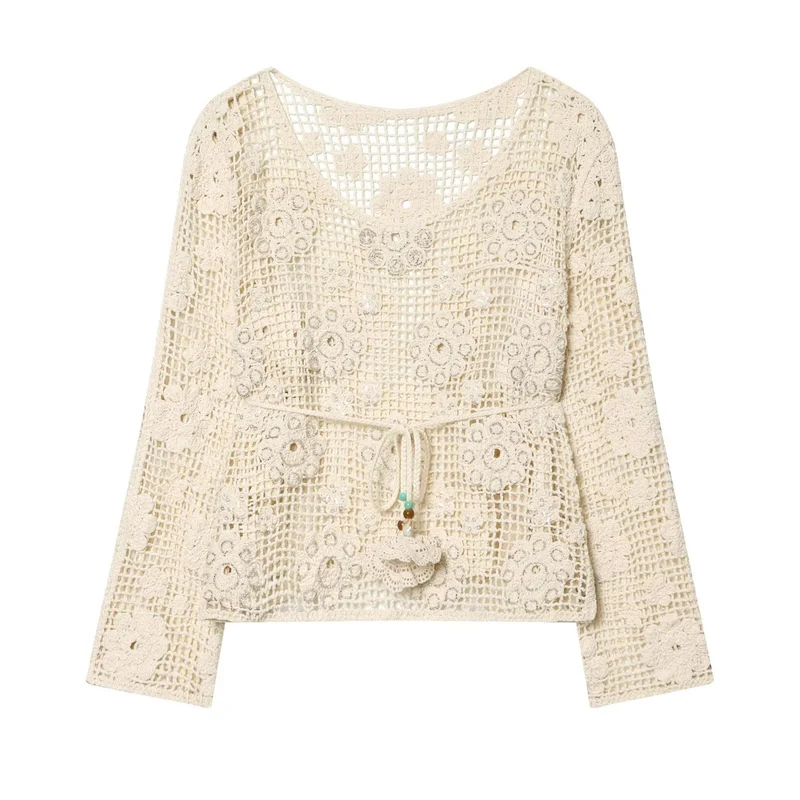 Damen Häkelbluse mit floralem Crochet‑Motiv, V‑Ausschnitt und Tunnelzug Drune