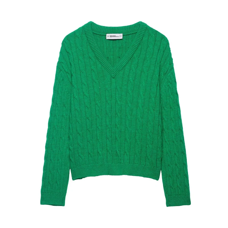 Damen Grobgestrickter Zopfstrick-Pullover mit V-Ausschnitt und kurzem Boxy-Schnitt Drune