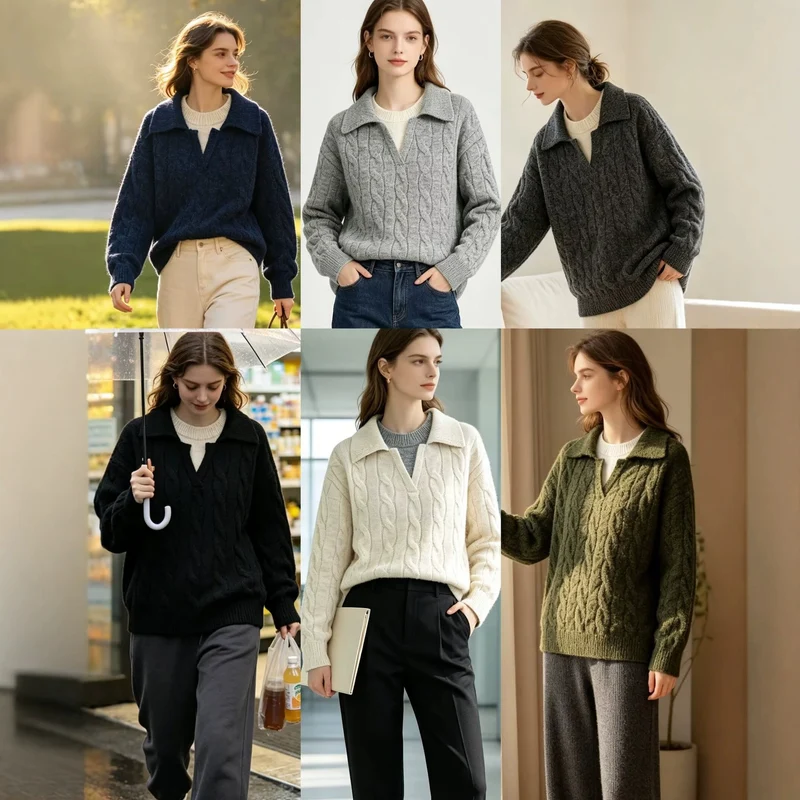 Damen Grobgestrickter Zopfstrick-Pullover mit Hemdkragen und integriertem Rippkragen Drune