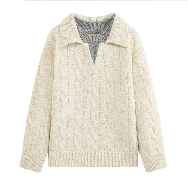 Damen Grobgestrickter Zopfstrick-Pullover mit Hemdkragen und integriertem Rippkragen Drune