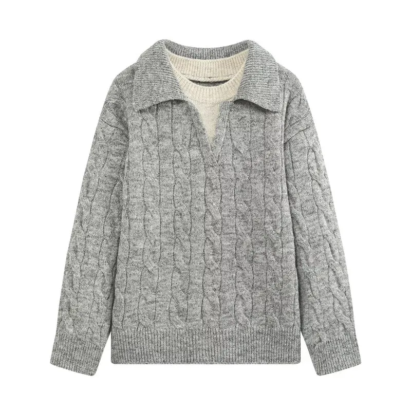 Damen Grobgestrickter Zopfstrick-Pullover mit Hemdkragen und integriertem Rippkragen Drune