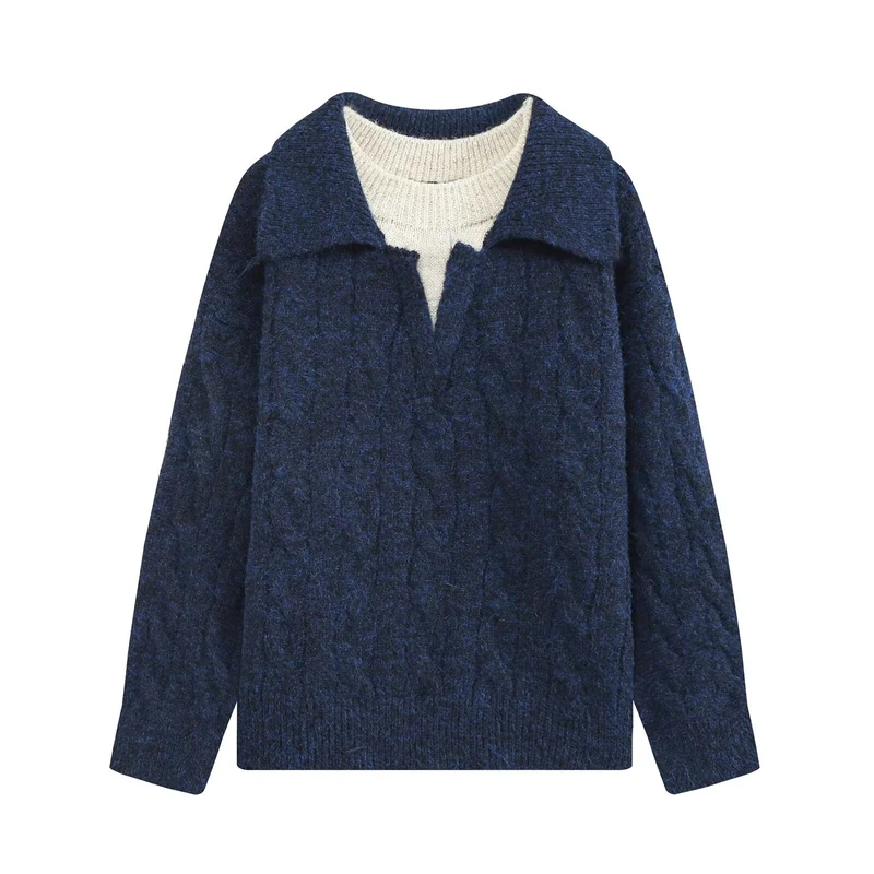 Damen Grobgestrickter Zopfstrick-Pullover mit Hemdkragen und integriertem Rippkragen Drune