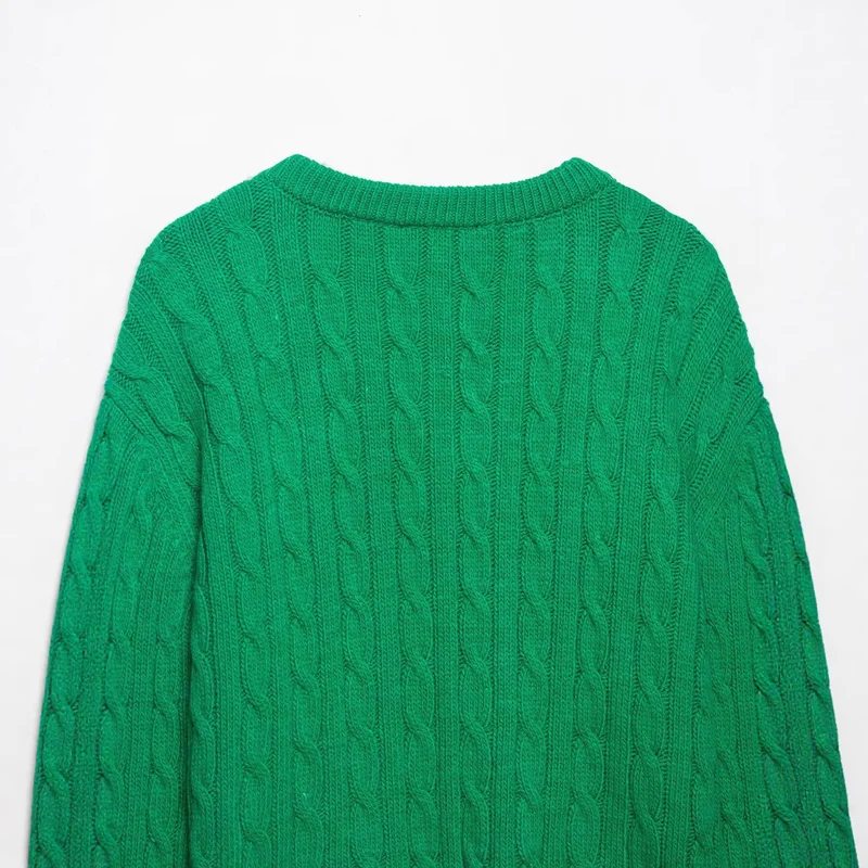 Damen Grobgestrickter V‑Ausschnitt Zopfstrickpullover mit Rippbündchen Drune