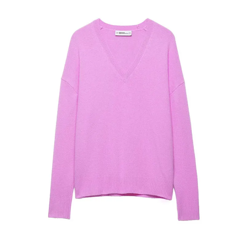 Damen Grobgestrickter V‑Ausschnitt Zopfstrickpullover mit Rippbündchen Drune