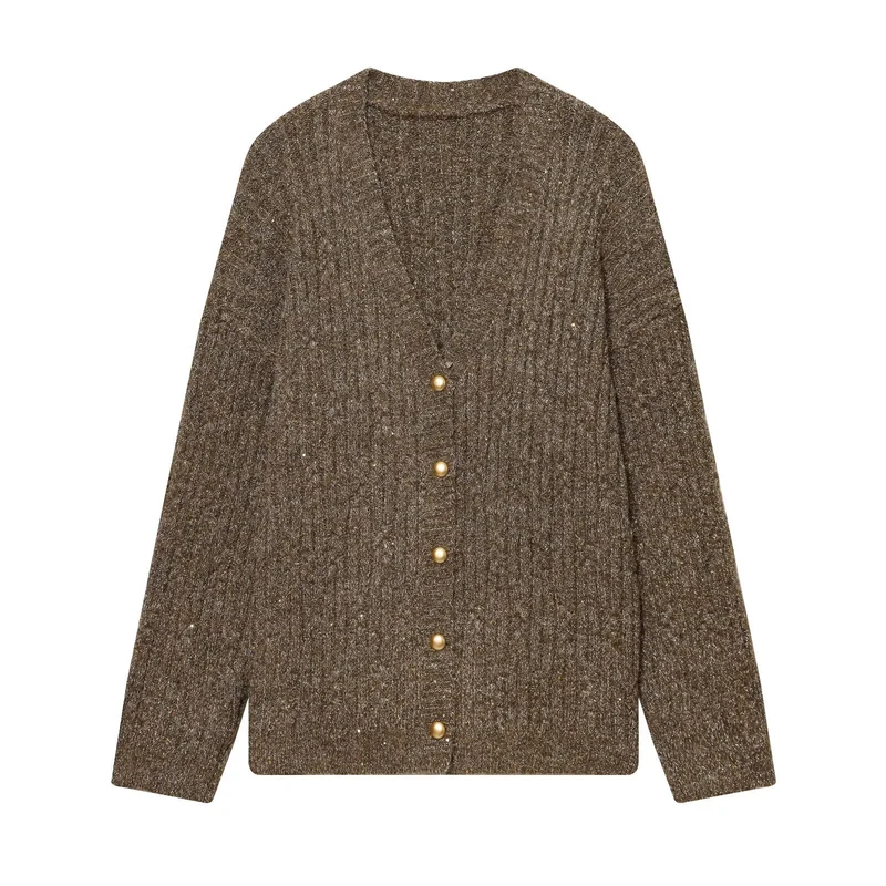 Damen Grobgestrickter Rippencardigan mit goldfarbenen Knöpfen und V-Ausschnitt Drune