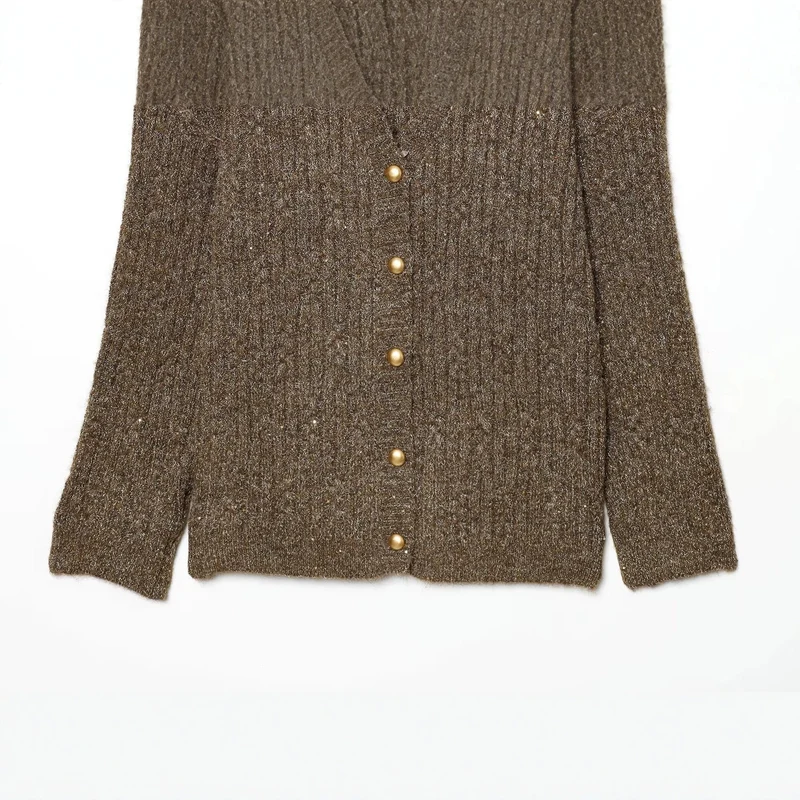Damen Grobgestrickter Rippencardigan mit goldfarbenen Knöpfen und V-Ausschnitt Drune