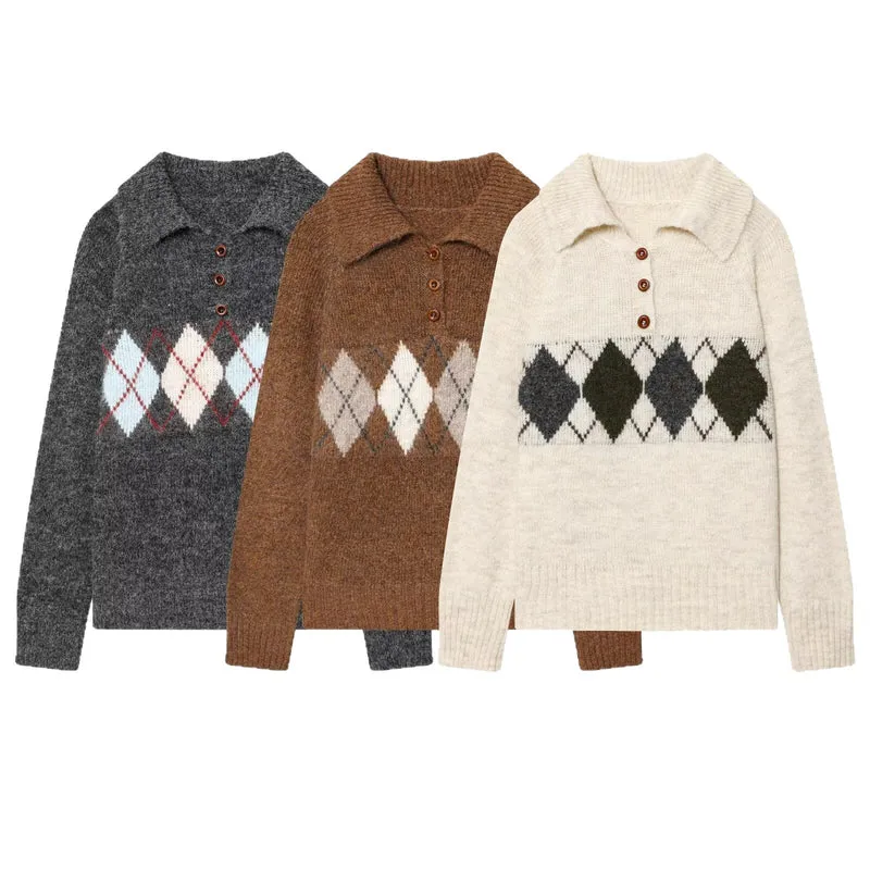 Damen Grobgestrickter Pullover mit Polokragen, Drei‑Knopf‑Blende und Rautenmuster Drune