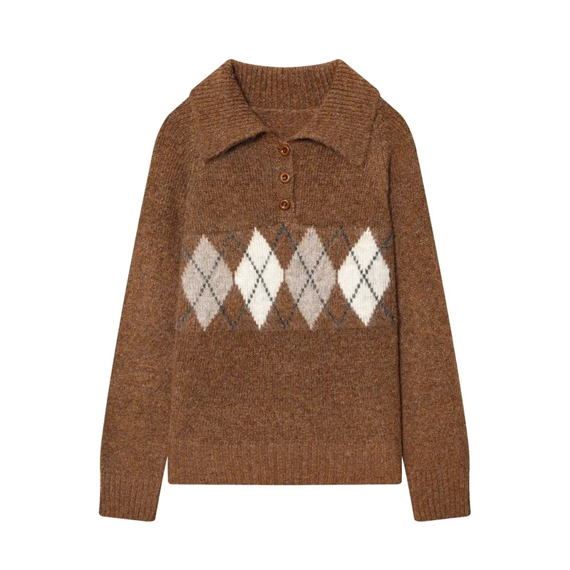 Damen Grobgestrickter Pullover mit Polokragen, Drei‑Knopf‑Blende und Rautenmuster Drune