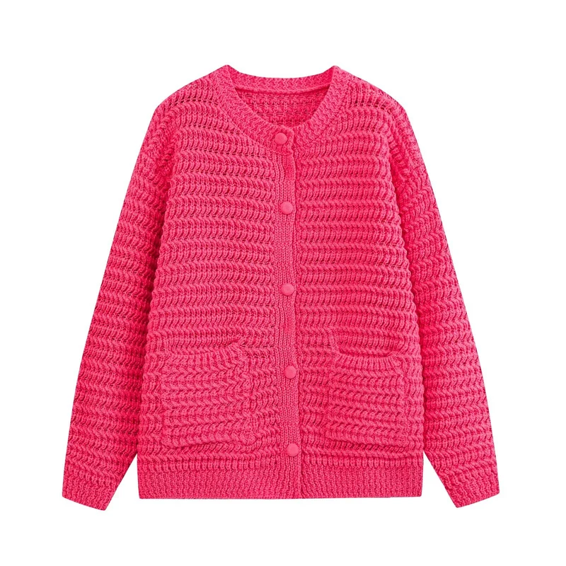 Damen Grobgestrickter Oversize-Cardigan mit Knopfleiste und aufgesetzten Taschen Drune