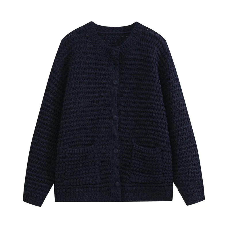 Damen Grobgestrickter Oversize-Cardigan mit Knopfleiste und aufgesetzten Taschen Drune