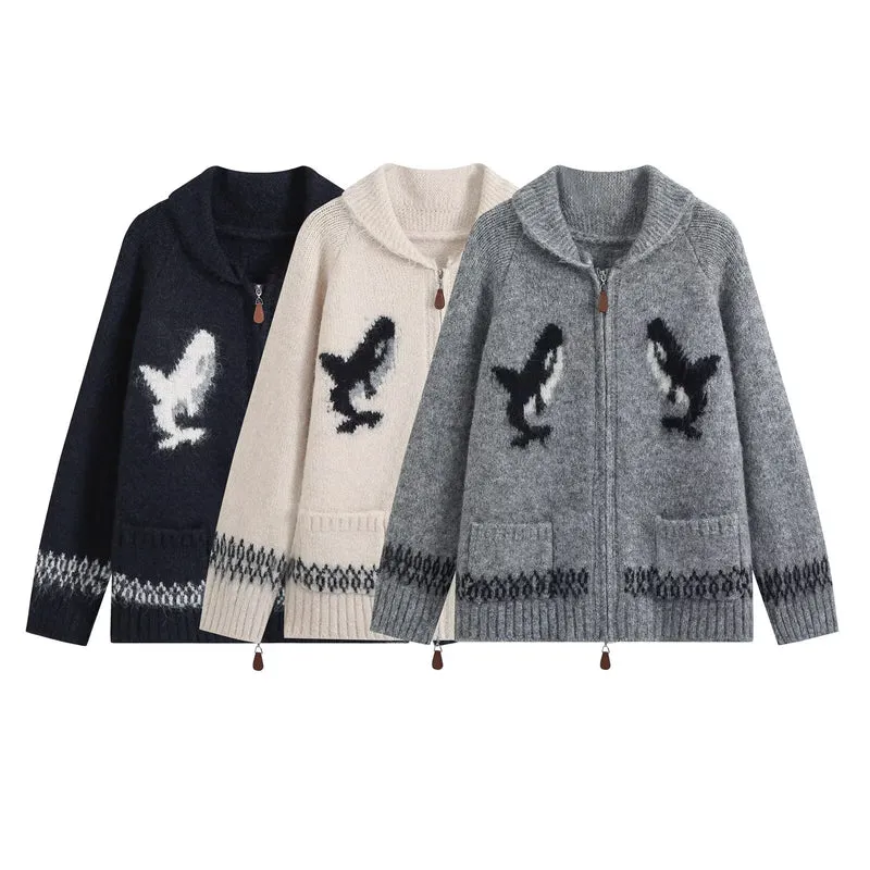 Damen Grobgestrickte Zip-Cardigan mit Schalkragen und Intarsienmotiv Drune