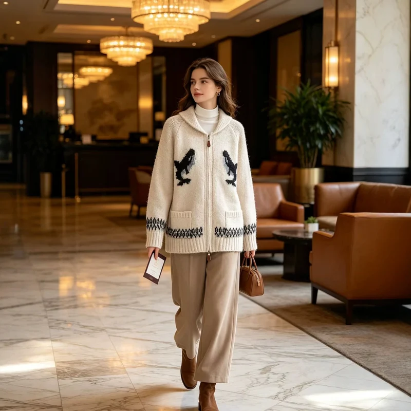 Damen Grobgestrickte Zip-Cardigan mit Schalkragen und Intarsienmotiv Drune
