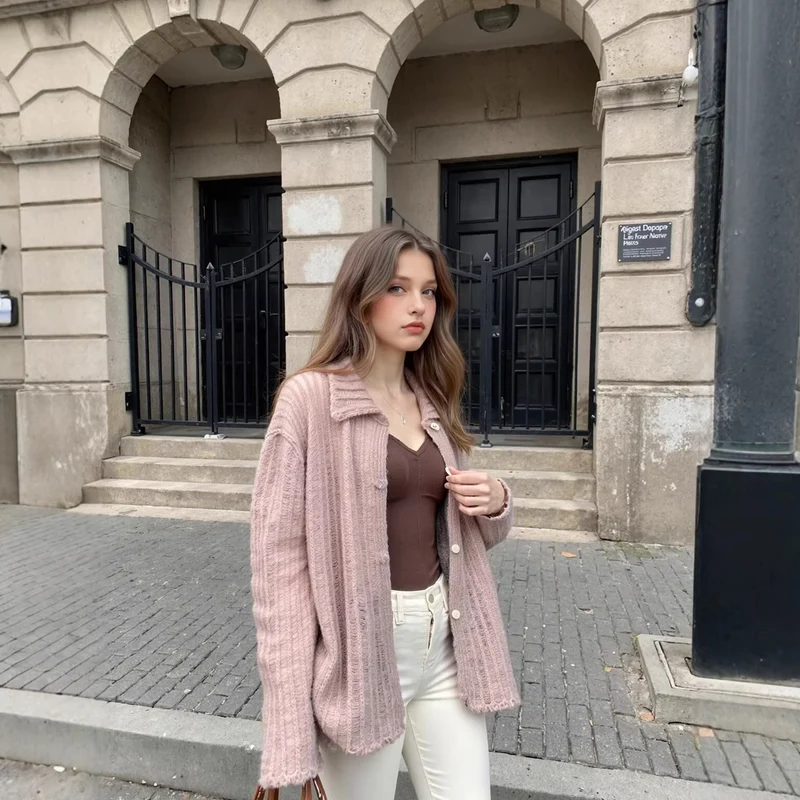 Damen Grob gestrickte Oversize‑Strickjacke mit Hemdkragen und Knopfleiste Drune