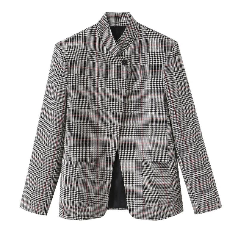 Damen Glencheck-Kurzblazer im Boxy-Schnitt mit Stehkragen und verdeckter Knopfleiste Drune