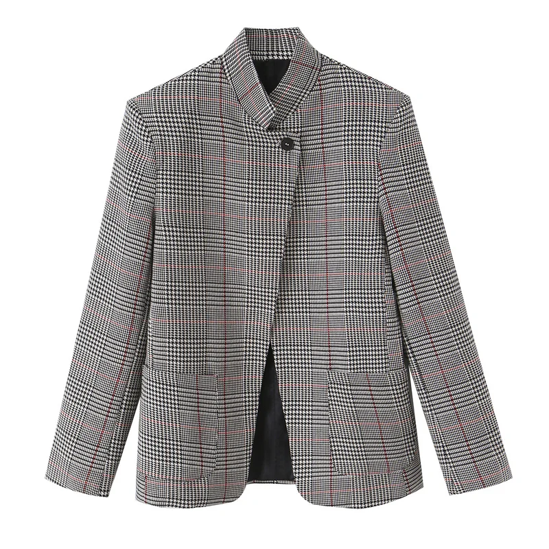 Damen Glencheck-Kurzblazer im Boxy-Schnitt mit Stehkragen und verdeckter Knopfleiste Drune