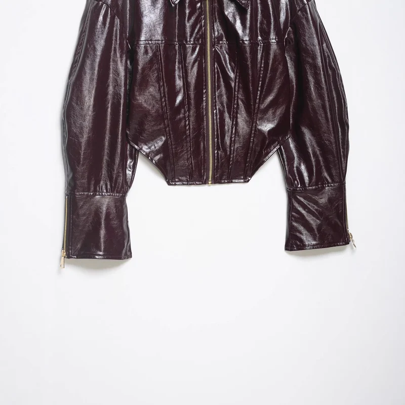 Damen Glänzende Cropped Bikerjacke in Lackoptik mit Schulterklappen und Zip-Ärmeln Drune