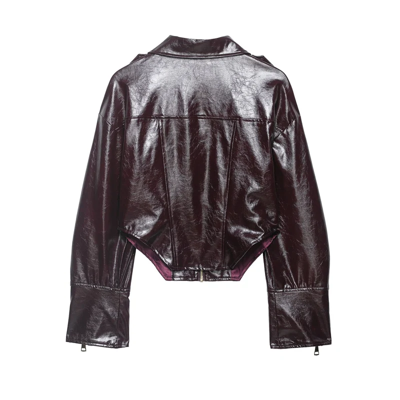 Damen Glänzende Cropped Bikerjacke in Lackoptik mit Schulterklappen und Zip-Ärmeln Drune