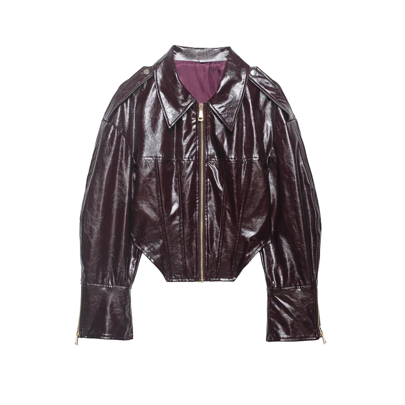 Damen Glänzende Cropped Bikerjacke in Lackoptik mit Schulterklappen und Zip-Ärmeln Drune