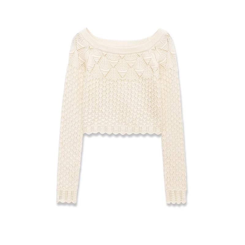 Damen Gestricktes Cropped-Feinstrickoberteil mit Lochmuster und U-Boot-Ausschnitt Drune